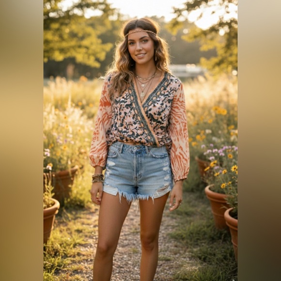 Free People Tops - NWT Free People "Cruisin' Together" Top L Wildberry Mixed Print Blouse Boho